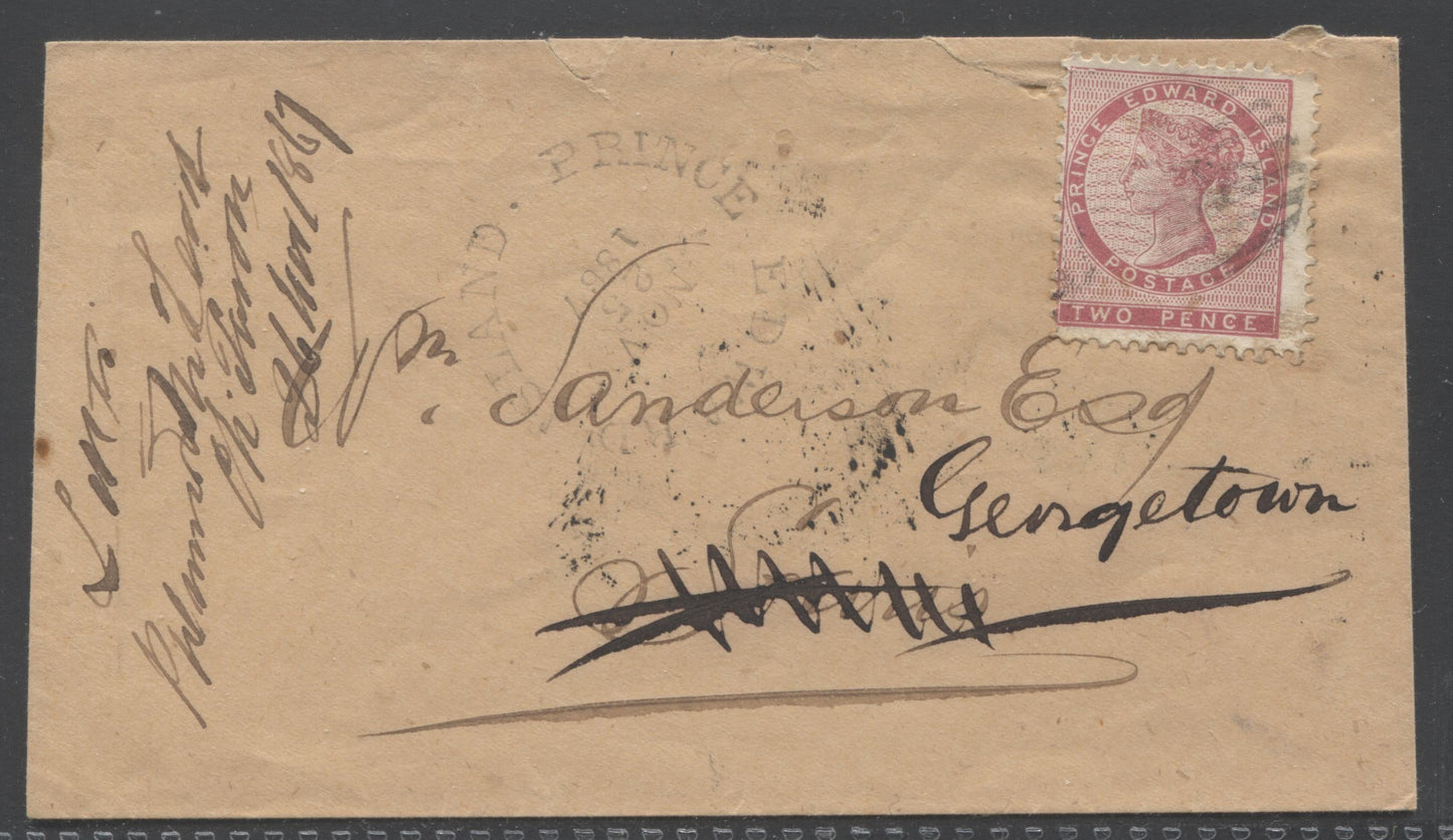 Lot 17 Prince Edward Island #5 2d Deep Rose Perf. 12 Die 1 Single Usage on November 25, 1867 Cover to William Sanderson, Merchant