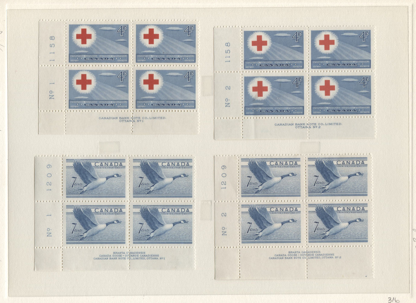 Lot 17 Canada #303-304, 317-320 3c - 7c Turquoise Green - Blue Sir Robert Borden - Canada Goose, 1951-1952 Commemorative Issues, 12 F/VFNH LL & UL Plates 1-2 Blocks Of 4