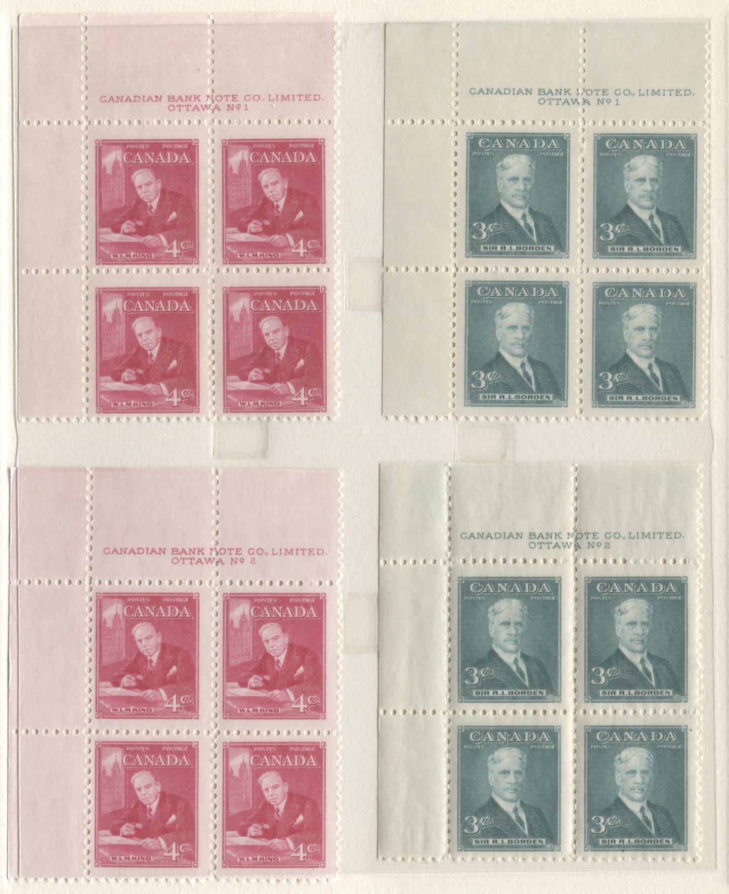 Lot 17 Canada #303-304, 317-320 3c - 7c Turquoise Green - Blue Sir Robert Borden - Canada Goose, 1951-1952 Commemorative Issues, 12 F/VFNH LL & UL Plates 1-2 Blocks Of 4