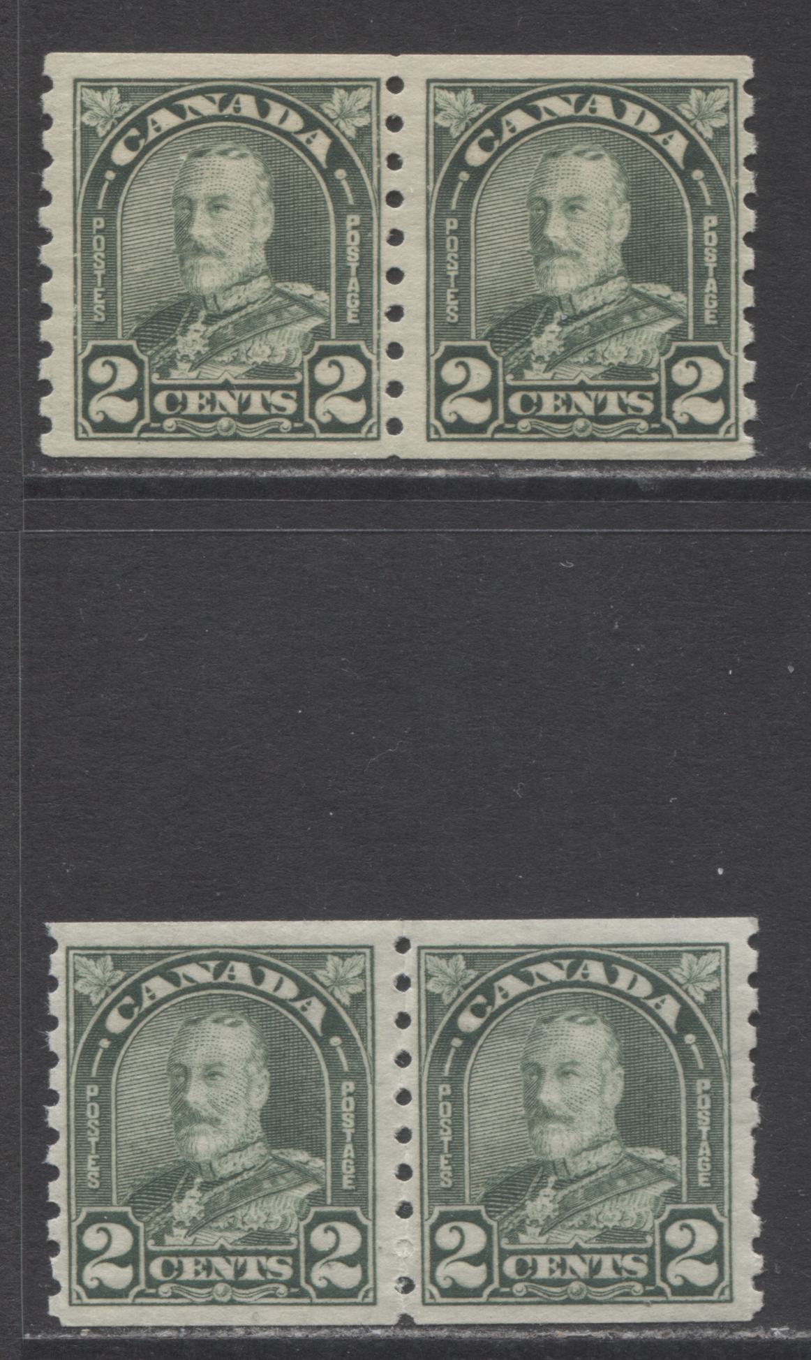 Lot 171 Canada #180 2c Dull Green King George V, 1930-1931 Arch/Leaf Coil Issue, 2 Fine NH Coil Pairs Showing Two Different Shades, Perf 8.5 Vertical