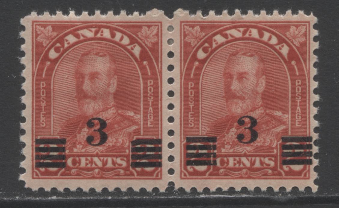 Lot 171 Canada #191ai 3c On 2c Deep Red King George V, 1930-1932 Arch/Leaf Provisional Issue, A VFOG Pair Showing The Bent Right Surcharge Bar on Left Stamp, Plate 8 LR Pos 54, Die 2