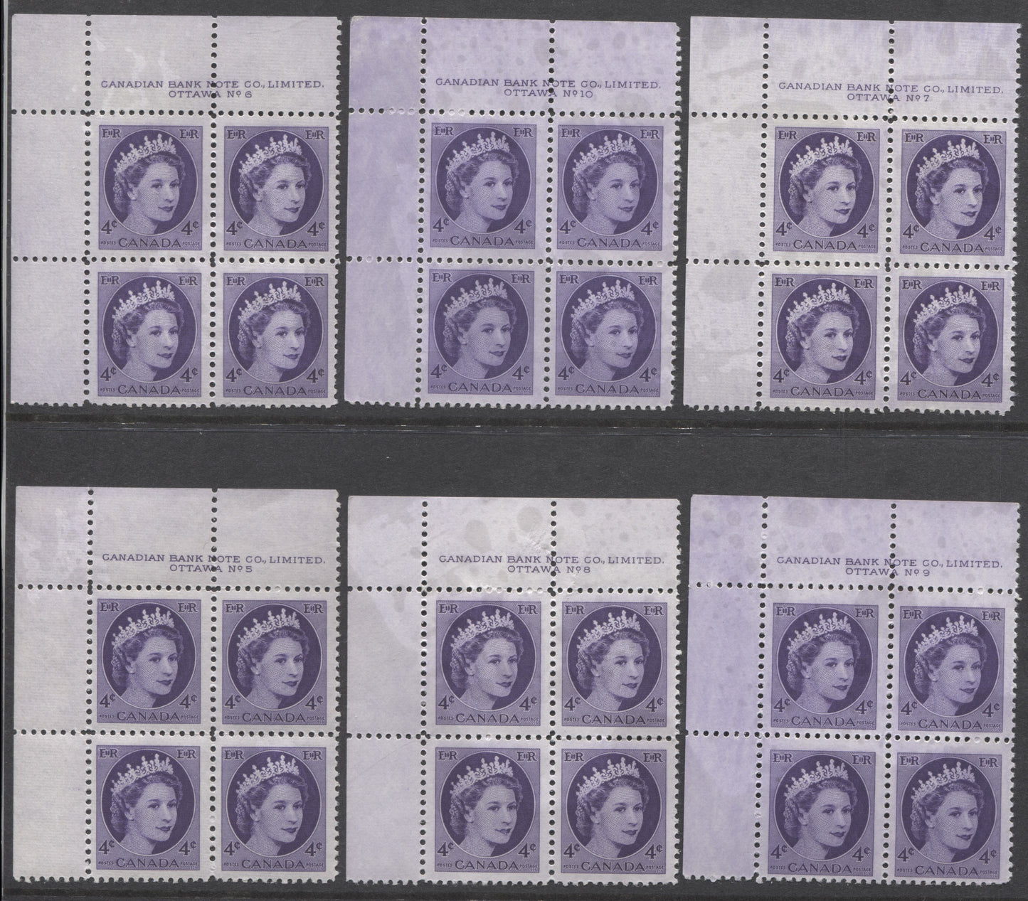 Lot 171 Canada #340 4c Violet Queen Elizabeth II, 1954 Wilding Issue, 6 F/VFNH UL Plates 5-10 Blocks Of 4, Some Selvedge Wrinkles On Pl 8