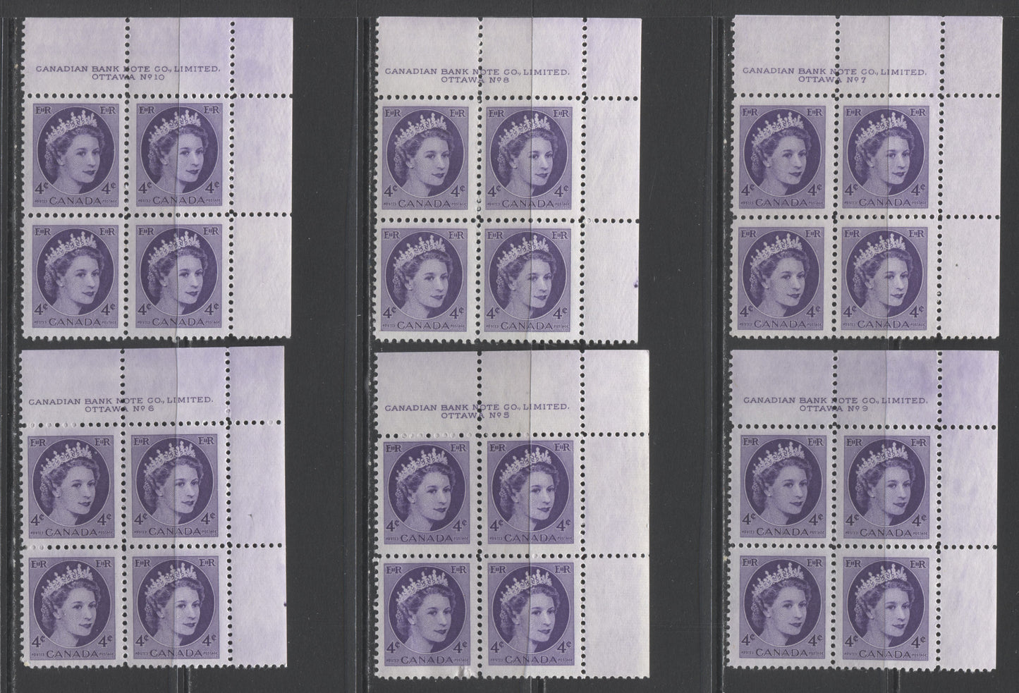 Lot 172 Canada #340 4c Violet Queen Elizabeth II, 1954 Wilding Issue, 6 VFNH UR Plates 5-10 Blocks Of 4, Bottom Left Stamp On Pl 5 Is Damaged