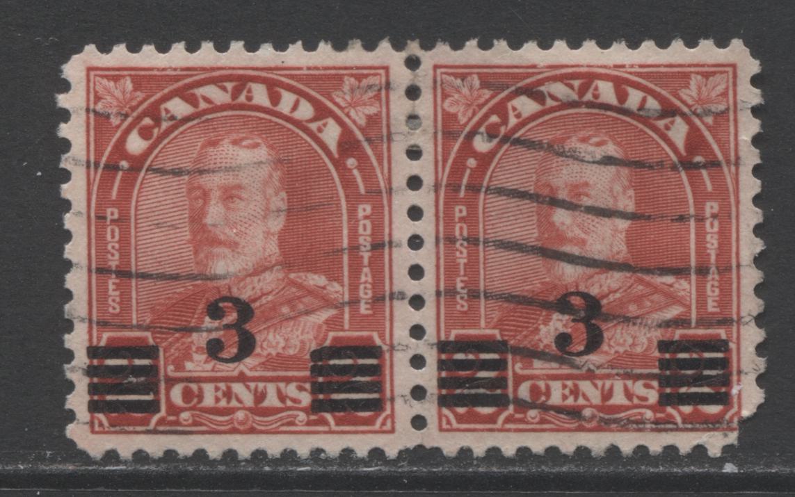 Lot 172 Canada #191ai 3c On 2c Bright Scarlet King George V, 1930-1932 Arch/Leaf Provisional Issue, A VF Used Single in Pair Showing The Bent Right Surcharge Bar, Plate 8 LR Pos 54, Die 1