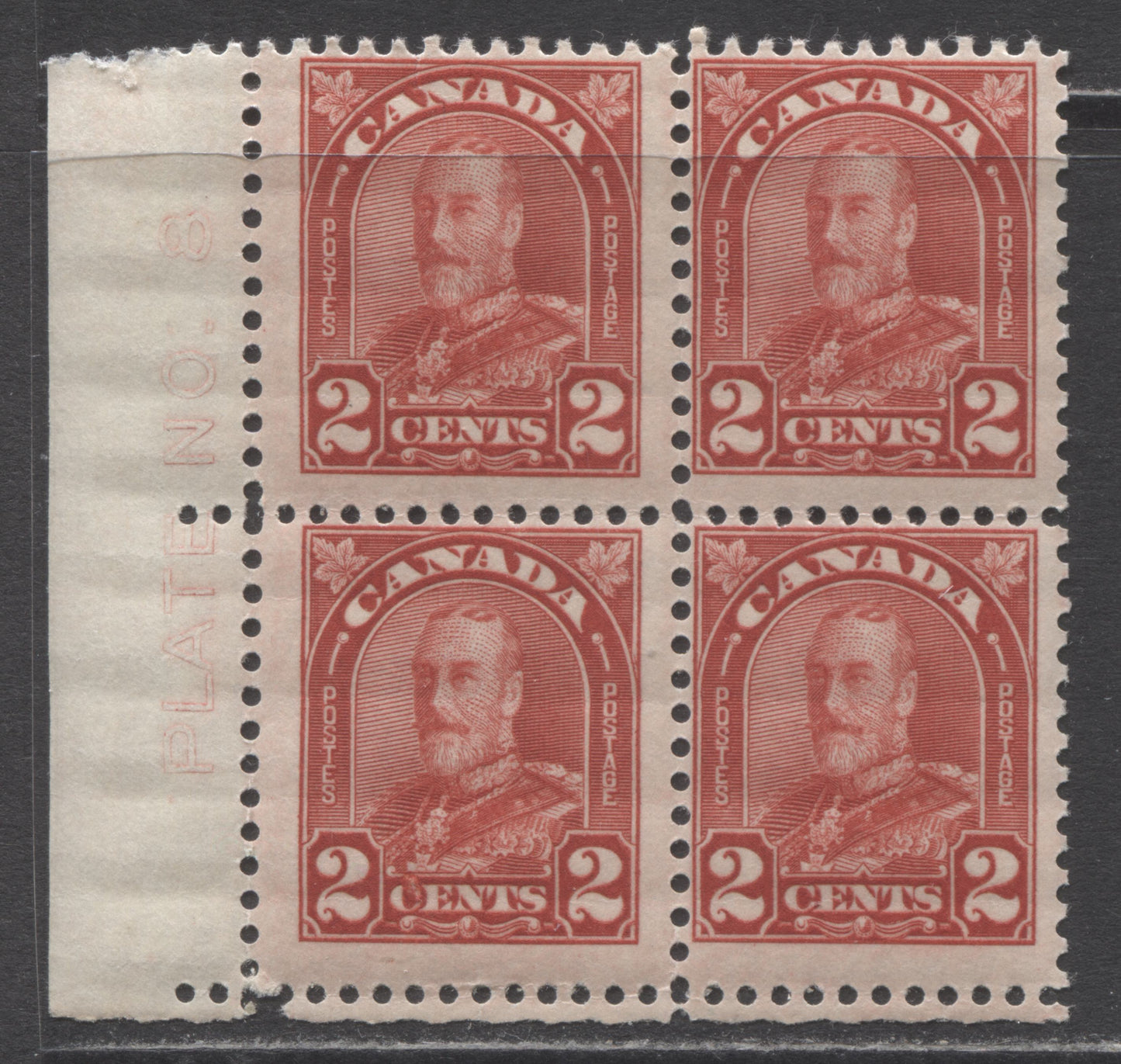 Lot 173 Canada #165var 2c Scarlet Red King George V, 1930-1932 Arch/Leaf Issue, A Fine NH LL Plate 8 Block Showing Constant Smudge Flaw in "C" of Cents, Plate 8, Pane Unknown, Position 91, Die 2