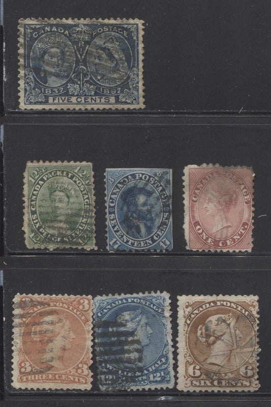 Lot 174 Canada #14b,18,19,25,28v,27a,54 1c - 12.5c Deep Rose - Deep Blue Queen Victoria & Jacques Cartier, 1859-1897 First Cents, Large Queen & Diamond Jubilee Issues, A Spacefiller Lot Of 7 Singles