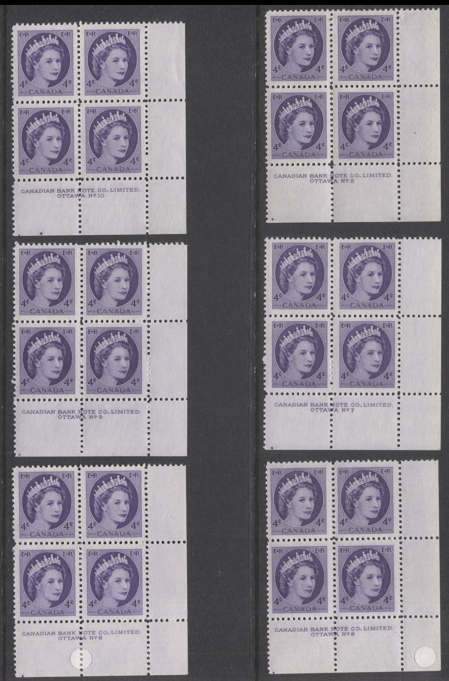 Lot 174 Canada #340 4c Violet Queen Elizabeth II, 1954 Wilding Issue, 6 F/VFNH LR Plates 5-10 Blocks Of 4