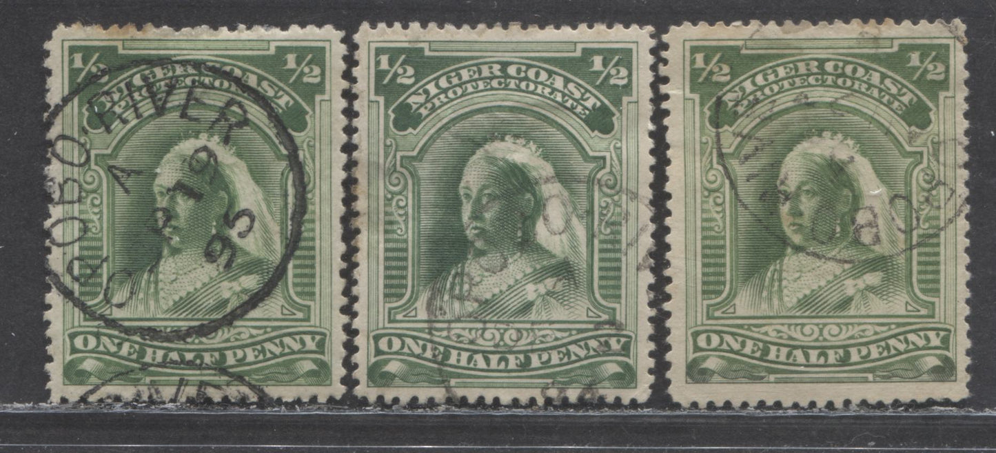 Lot 174 Niger Coast SC#43 (SG#51, 51a) One Halfpenny Green, Deep Green 1894 Unwatermarked Issue, Perf 14.5 - 15., A Very Fine, Fine Used Example, Click on Listing to See ALL Pictures, 2022 Scott Classic Cat. $16.5 USD