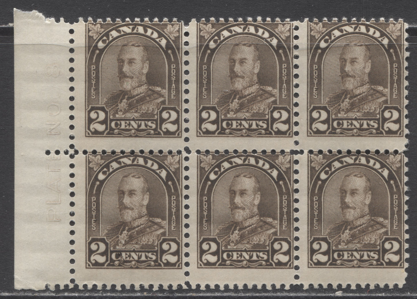 Lot 174 Canada #166var 2c Scarlet Red King George V, 1930-1932 Arch/Leaf Issue, A VGOG/NH LL Plate 8 Block Showing Constant Smudge Flaw Between "CE" of Cents, Plate 8, Pane Unknown, Position 91, Die 2