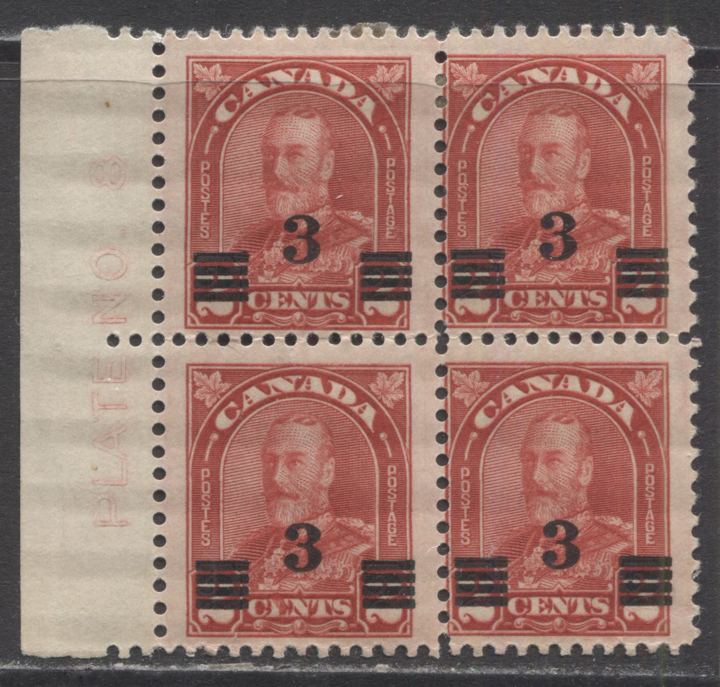 Lot 175 Canada #191avar 3c On 2c Deep Red King George V, 1932 Arch/Leaf Provisional Issue, A FOG & NH Left Block Of 4 Showing A Flaw On E Of Cents