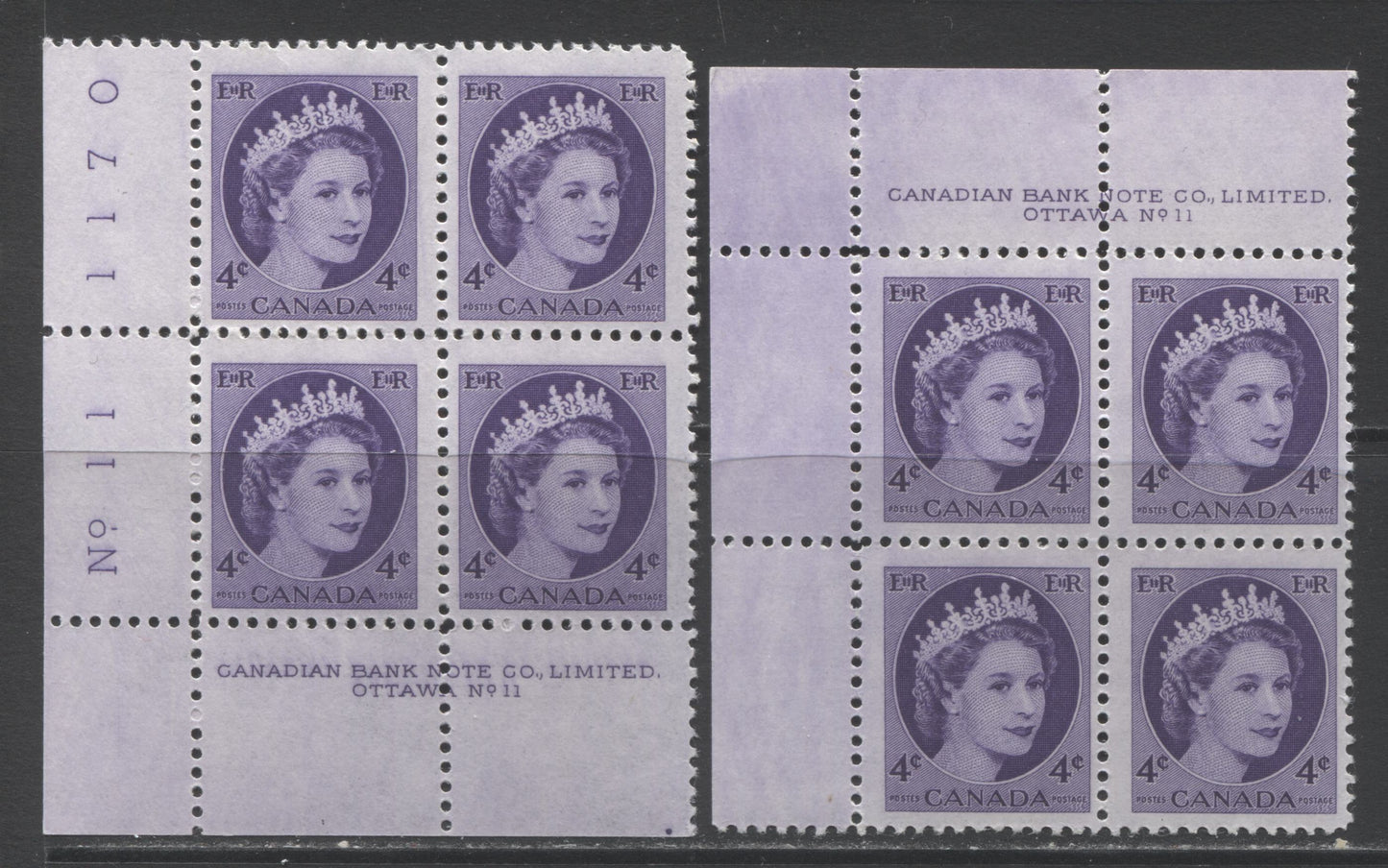 Lot 175 Canada #340 4c Violet Queen Elizabeth II, 1954 Wilding Issue, 2 FNH UL & LL Plate 11 Blocks Of 4