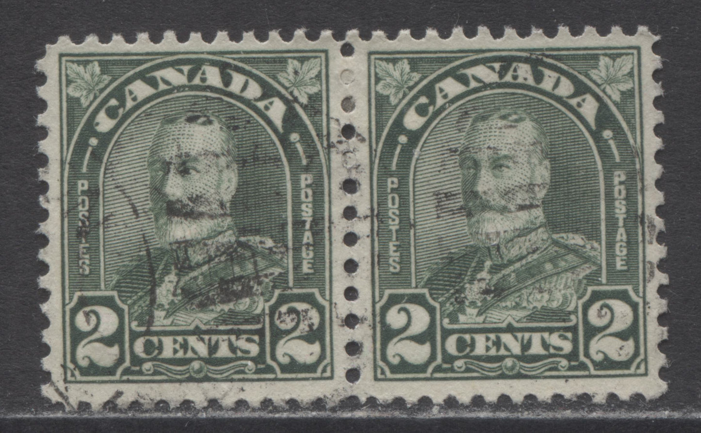 Lot 176 Canada #164var 2c Dull Green King George V, 1930-1931 Arch/Leaf Issue, A Very Fine Used Pair Showing A Dot In "C" Of Canada, Plate 4 UR Pos 65