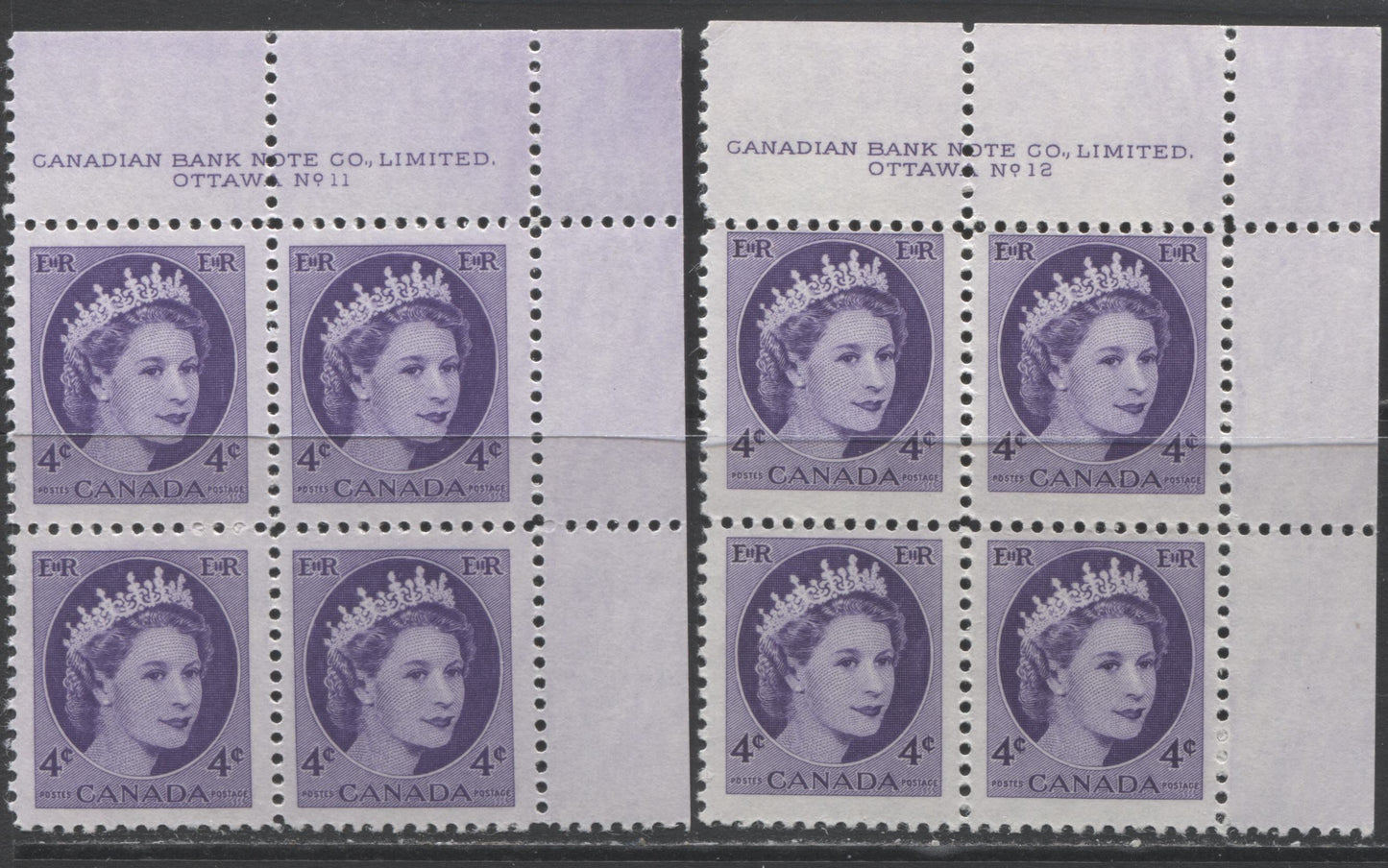 Lot 176 Canada #340 4c Violet Queen Elizabeth II, 1954 Wilding Issue, 2 F/VFNH UR Plate 11 Blocks Of 4