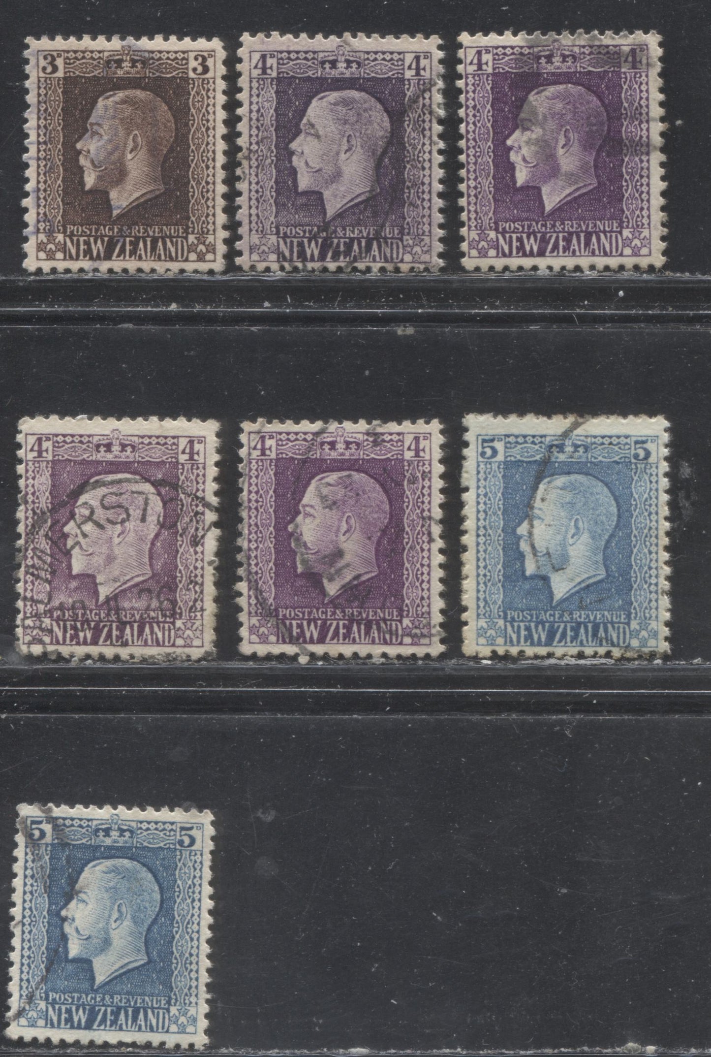 Lot 176 New Zealand SG#420/424d 3d - 5d Deep Brown - Light Blue King George V, 1915-1930 Perkins Bacon Engraved Portrait Issue, 7 Fine and VF Used Singles, Single Watermark, Cowan Paper, Perf. 14 x 13.5, Including Extra Shades of the 4d