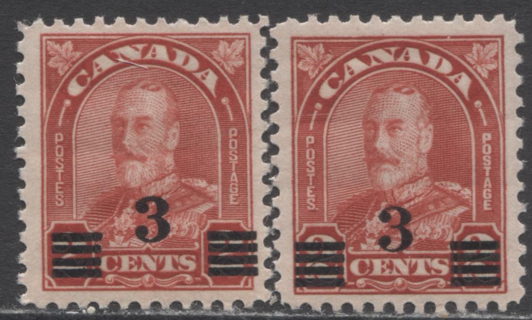 Lot 177 Canada #191, 191a 3c on 2c Deep Red King George V, 1932 Arch/Leaf Provisional Issue, 2 VFNH Singles, Dies 1 & 2