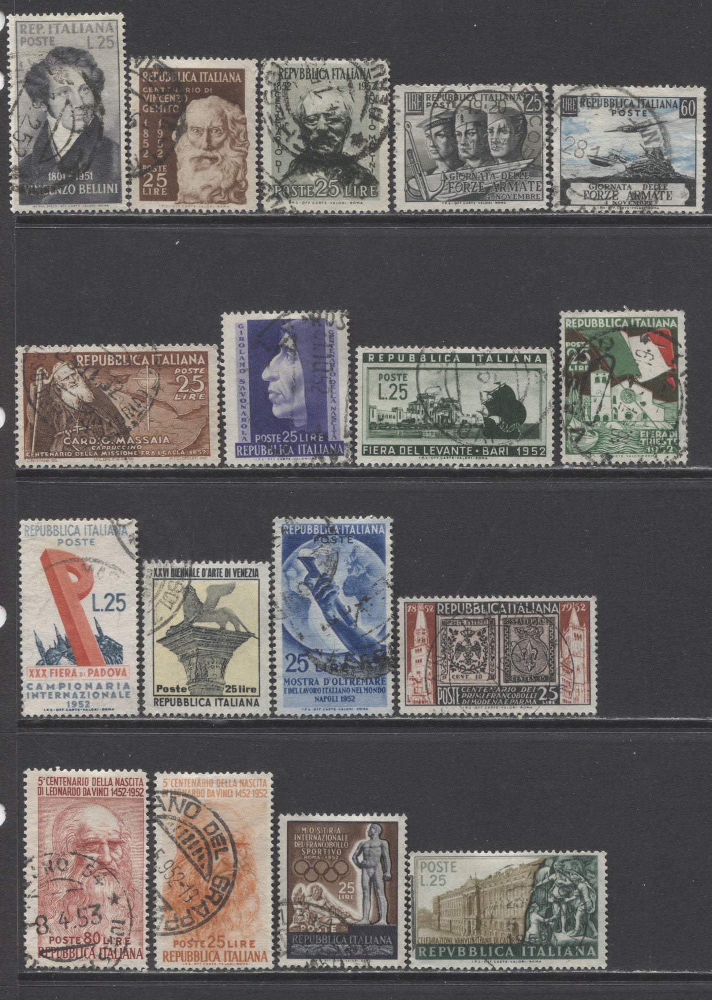 Lot 177 Italy SC#597/617 1952 Commemoratives, A F/VF Used Range Of Singles, 2017 Scott Cat. $23.35 USD, Click on Listing to See ALL Pictures