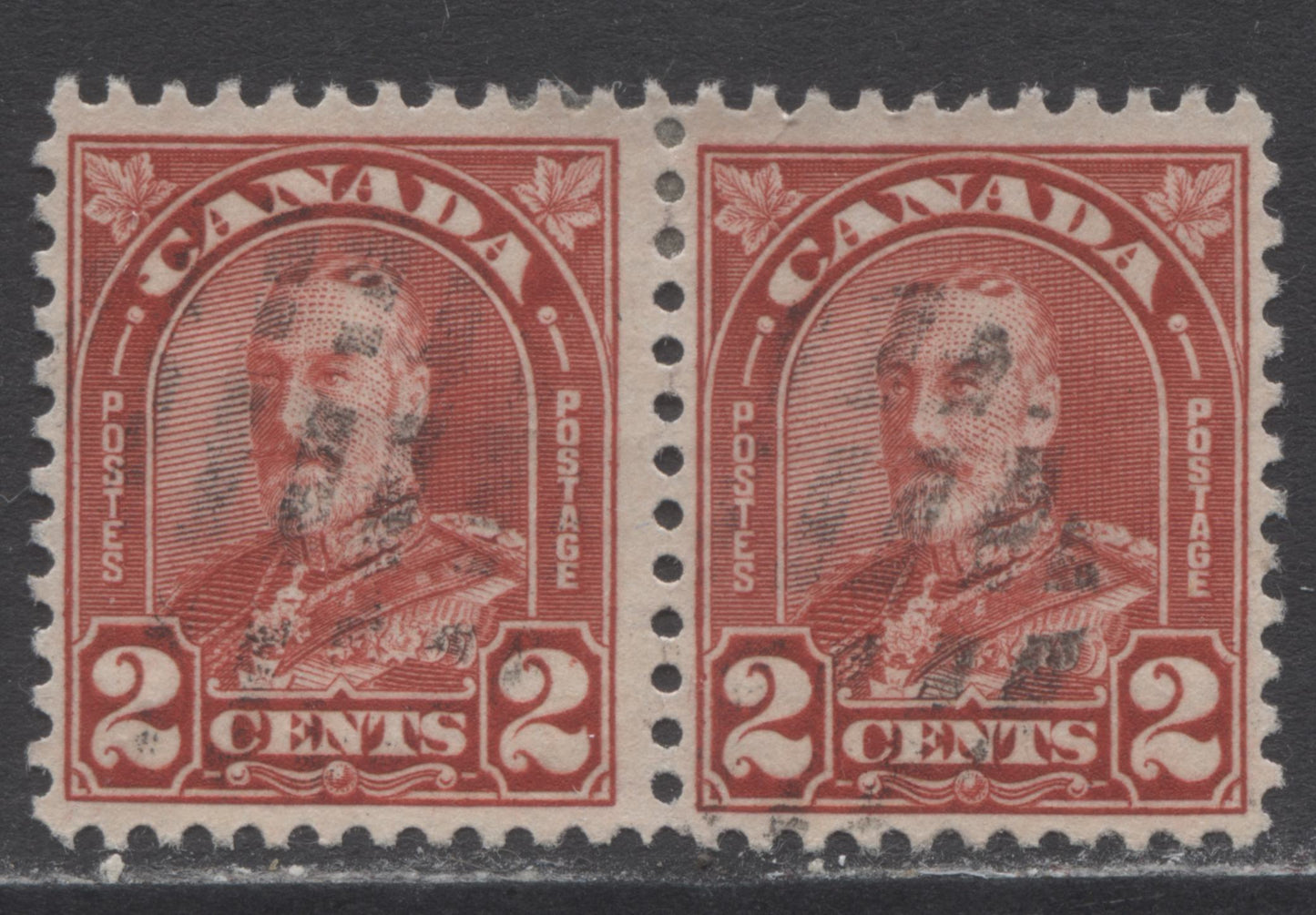 Lot 177 Canada #165var 2c Deep Red King George V, 1930-1931 Arch/Leaf Issue, A Fine Used Pair Showing A Dot In C Of Canada, Plate 4 UR Pos 65, Die 1