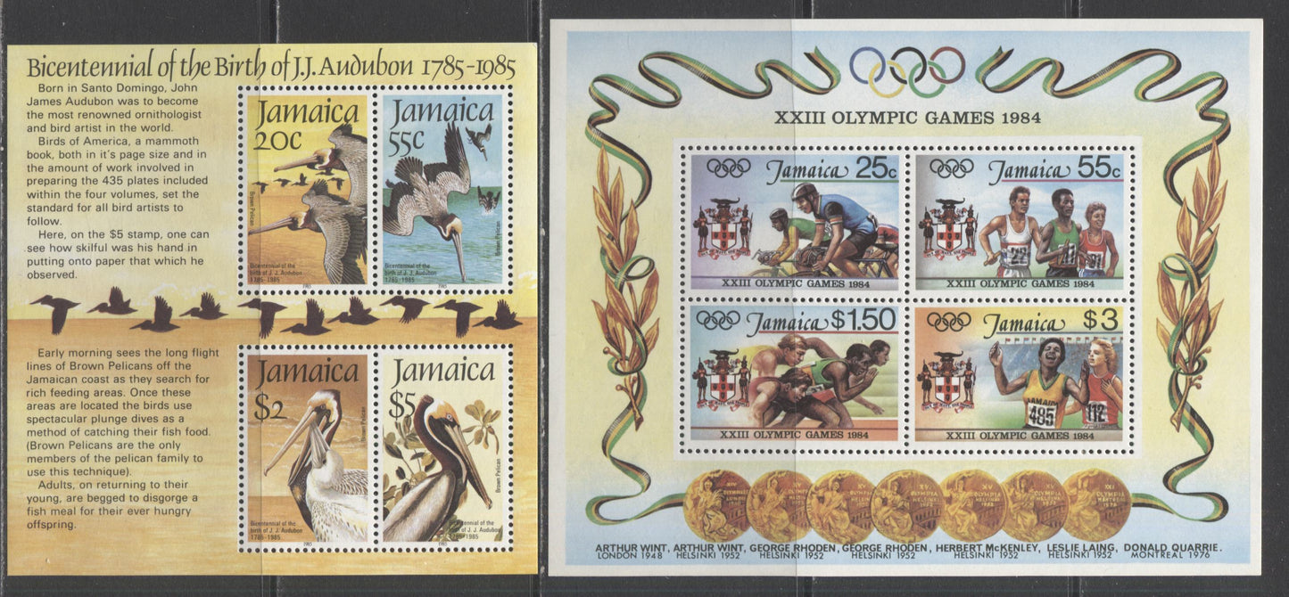 Lot 178 Jamaica SC#580a/598a 1984-1985 LA Olympics & Audubon Issues, A VFNH Range Of Souvenir Sheets, 2017 Scott Cat. $18 USD, Click on Listing to See ALL Pictures