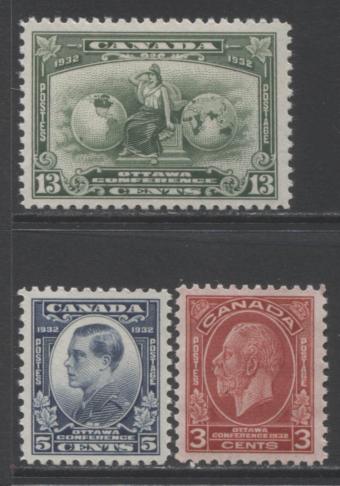 Lot 178 Canada #192-194 3c - 13c Deep Red - Deep Green King George V - Britannia, 1932 Imperial Economic Conference Issue, 3 VFNH Singles With Very Light Gum Disturbances On The 5c & 13c