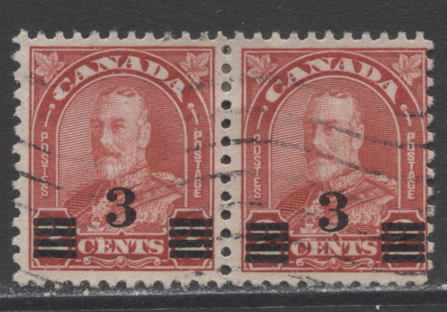 Lot 178 Canada #191a 3c On 2c Deep Red King George V, 1932 Arch/Leaf Provisional Issue, A Very Fine Used Pair Showing A Dot in C Of Canada, Plate 4 UR Pos. 65, Die 1