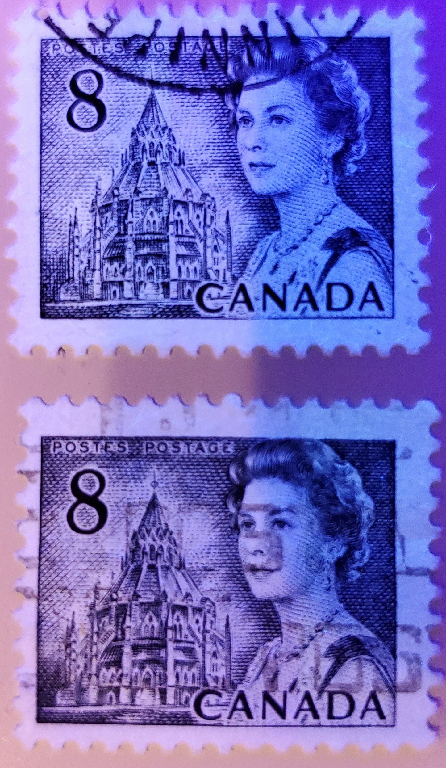 Lot 179 Canada #544pii 8c Slate Queen Elizabeth II, 1967-1973 Centennial Issue, Two FNH W2B Tagged Used On LF-fl Paper With PVA Gum, W2aL & W2aR Tagging Errors