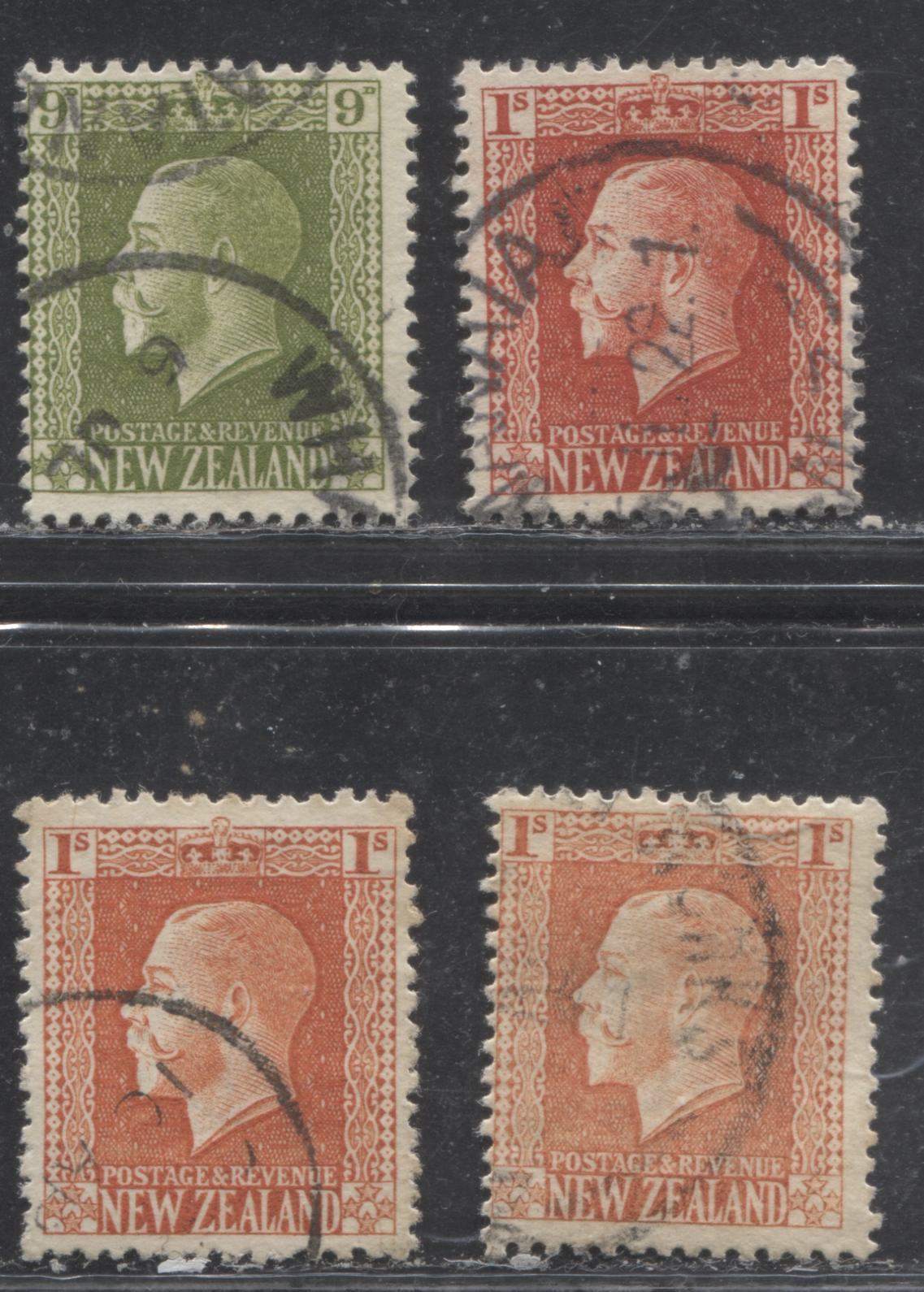 Lot 179 New Zealand SG#429e/430ca 9d - 1/- Sage Green - Vermilion King George V, 1915-1930 Perkins Bacon Engraved Portrait Issue, 3 Fine and VF Used Singles, Single Watermark, Cowan Paper, Perf. 14 x 14.5, Including Both Listed Shades of the 1/-