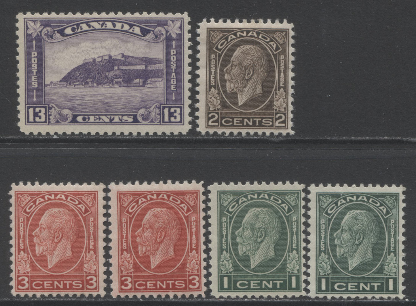 Lot 179 Canada #195-197c, 195d, 201i 1c-13c Dark Green - Violet King George V - Quebec Citadel, 1932 Medallion Issue, 6 Fine NH & OG Singles