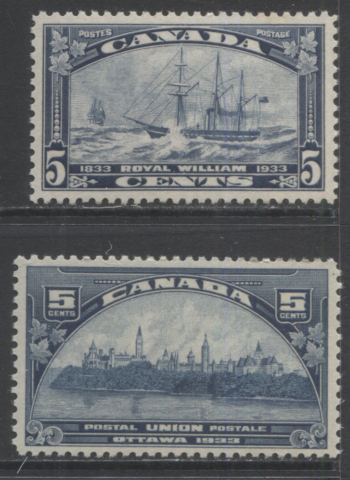 Lot 180 Canada #202, 204 5c Dark Blue Parliament Buildings & Royal William, 1933 UPU Meeting & Royal William Issues, 2 VFNH Singles With A Very Tiny Gum Disturbance On #202