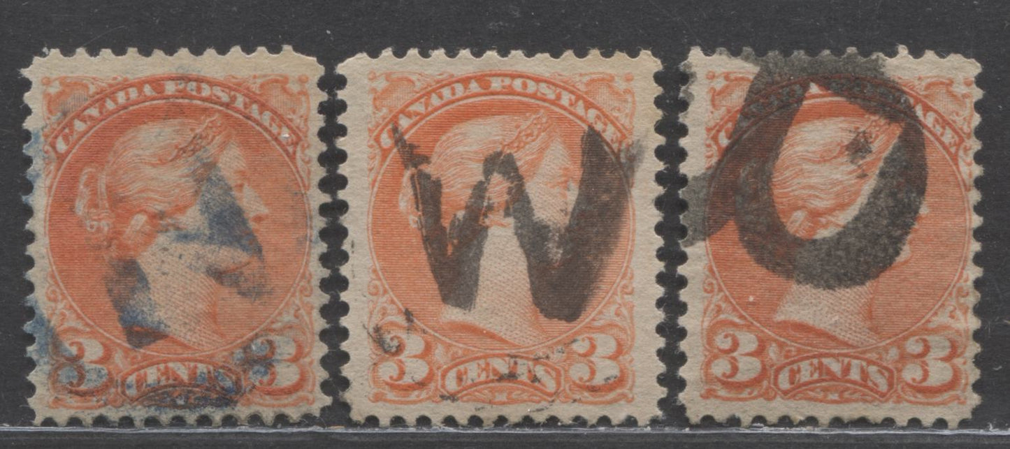 Lot 180 Canada #41 3c Vermillion Queen Victoria, 1870-1897 Small Queen Issue, 3 Fine/Very Fine Used Examples Of The 2nd Ottawa Printings On Soft Horizontal Wove Paper, N, W & B Letter Cancels