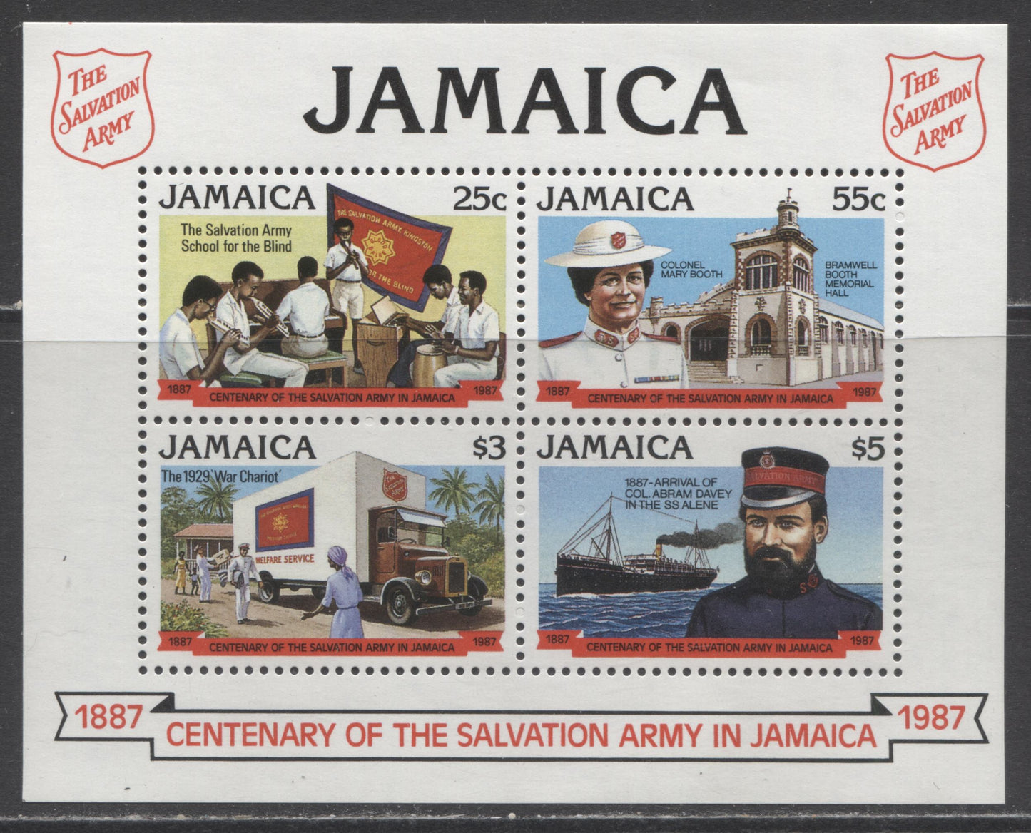 Lot 180 Jamaica SC#674a 25c-$5 Multicolored 1987 Salvation Army Issue, A VFNH Souvenir Sheet, 2017 Scott Cat. $18.50 USD, Click on Listing to See ALL Pictures