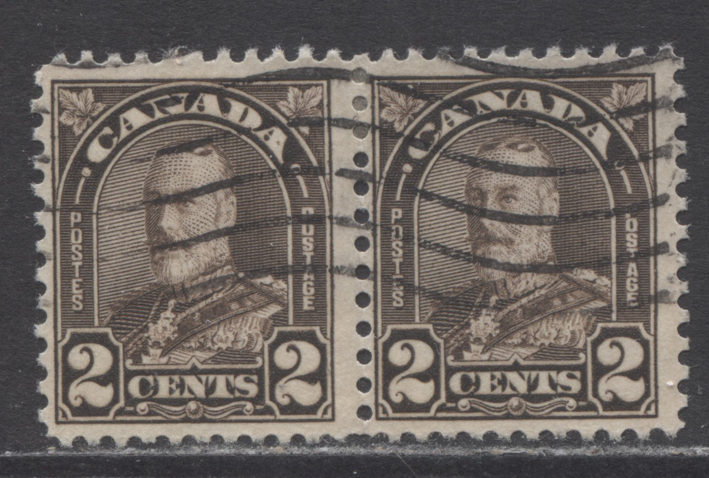 Lot 180 Canada #166bvar 2c Dark Brown King George V, 1930-1931 Arch/Leaf Issue, A Fine Used Pair Showing A Dot In "A" Of Canada, Plate 6 LR Pos 85, Die 1