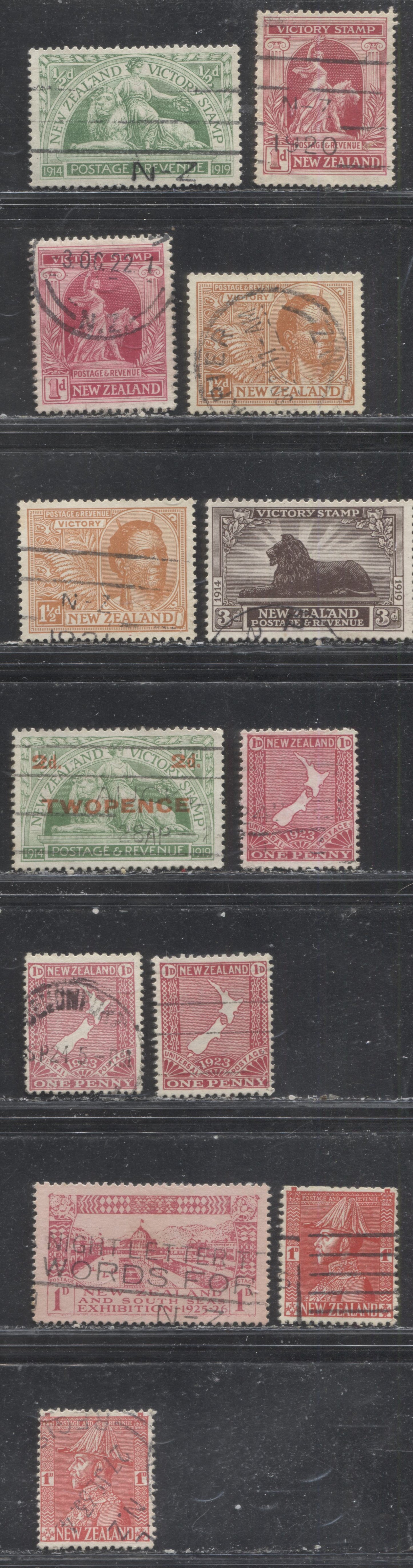 Lot 181 New Zealand SG#453/468e 1/2d - 3d Green - Blackish Brown Various Designs, 1920-1926 Commemorative Issues, 13 Fine and VF Used Singles, Single Watermark, De La Rue, and Cowan Papers, , Including Listed and Unlisted Shades
