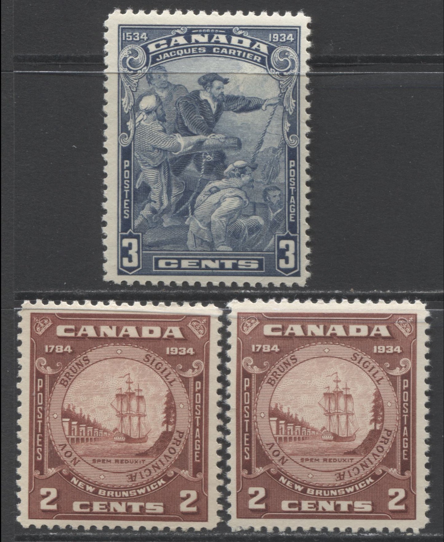 Lot 182 Canada #208, 210, 210i 3c & 2c Blue & Red Brown Jacques Cartier & New Brunswick Seal, 1934 Jacques Cartier & New Brunswick Issues, 3 Fine NH and VFNH Singles With Deep Cream & Crackly Gums