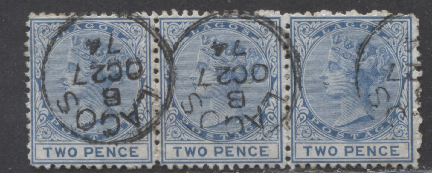 Lot 182 Lagos SG#2 2d Deep Blue 2nd Printing Crown CC Watermark Perf. 12.5  VF-80 Used Strip of Three, 2022 Scott Classic Cat. $135 For 3 Singles, Much More For a Strip