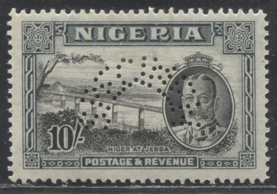 Lot 183 Nigeria SG#44s 10/- Black and Slate Niger at Jebba, 1936 Pictorial Definitive Issue, A VFOG Example, Script CA Watermark, With Arched Specimen Perfin, Scarce!