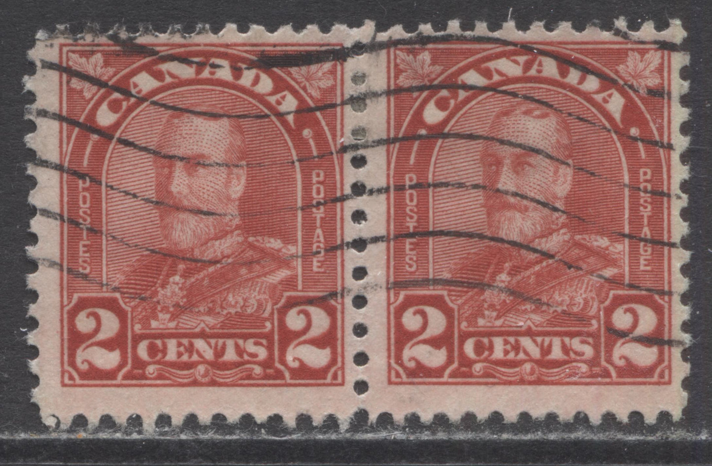 Lot 183 Canada #165var 2c Deep Red King George V, 1930-1931 Arch/Leaf Issue, A Fine Used Pair Showing A Dot in "N" Of Cents, Plate 8 UL Pos 96