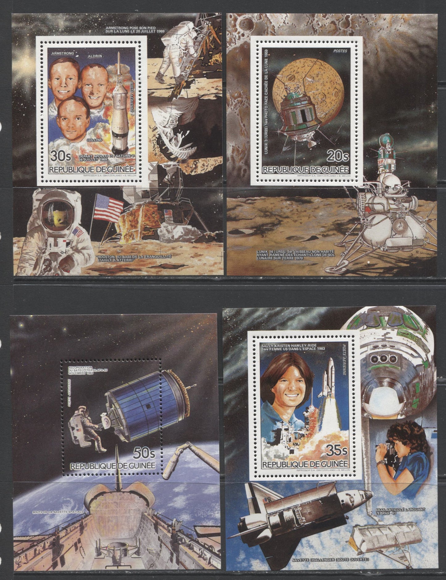 Lot 183 Guinea SC#925-930 1985 Space Achievements, A VFNH Range Of Perf & Imperf Souvenir Sheets, 2017 Scott Cat. $32 USD, Click on Listing to See ALL Pictures