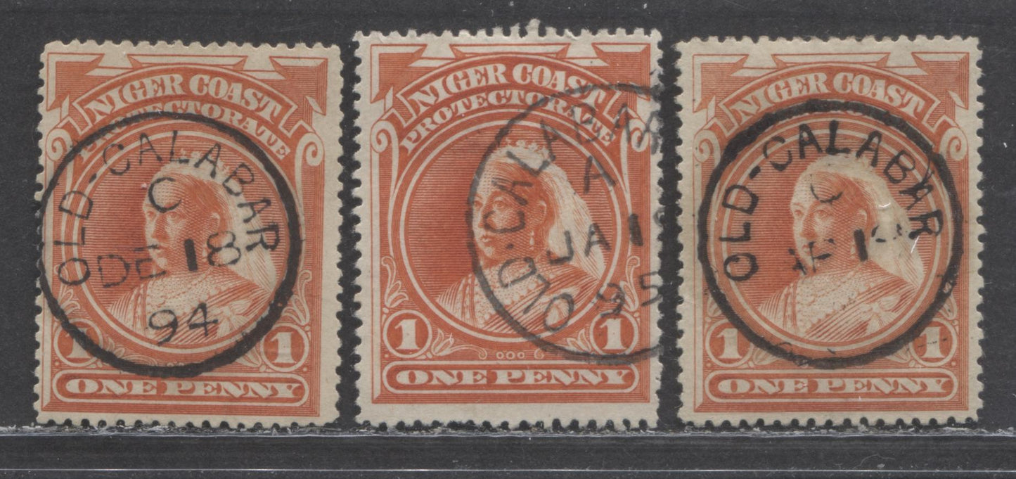 Lot 184 Niger Coast SC#44, 44a (SG#52, 52a) One Penny Vermillion, Orange Vermillion 1894 Unwatermarked Issue, Perf 14.5 - 15., A Fine - Very Fine Used Example, Click on Listing to See ALL Pictures, 2022 Scott Classic Cat. $44.5 USD