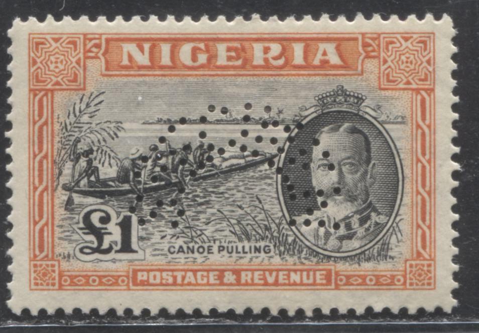 Lot 184 Nigeria SG#45s One Pound Black and Orange Canoe Pulling, 1936 Pictorial Definitive Issue, A VFOG Example, Script CA Watermark, With Arched Specimen Perfin, Scarce!