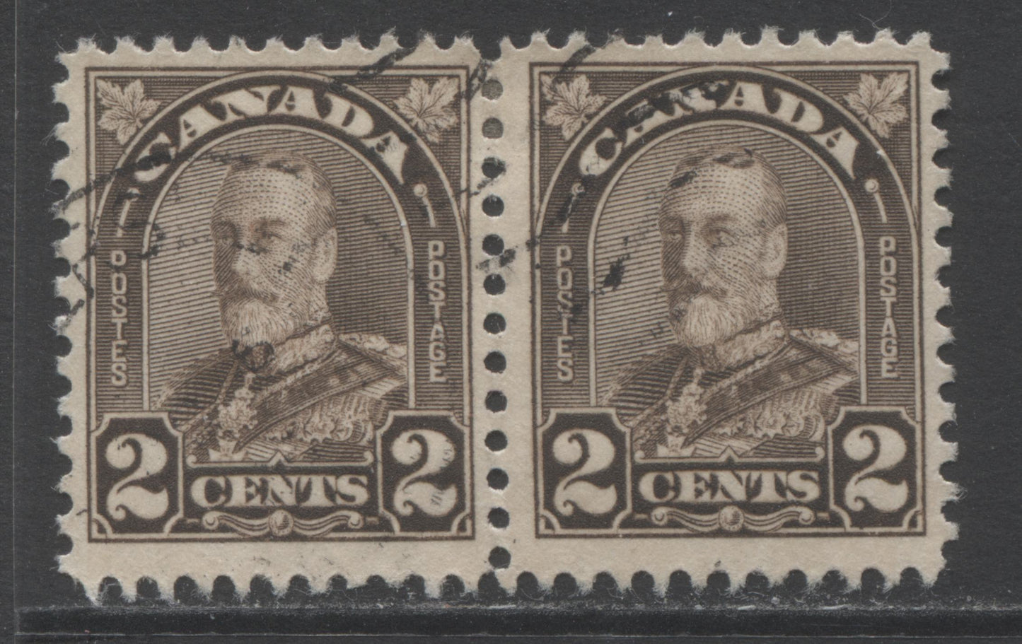 Lot 184 Canada #166var 2c Dark Brown King George V, 1930-1931 Arch/Leaf Issue, A Very Fine Used Pair Showing Dot In "N" of "Cents", Pl 8 UL, Pos 96, Die 2