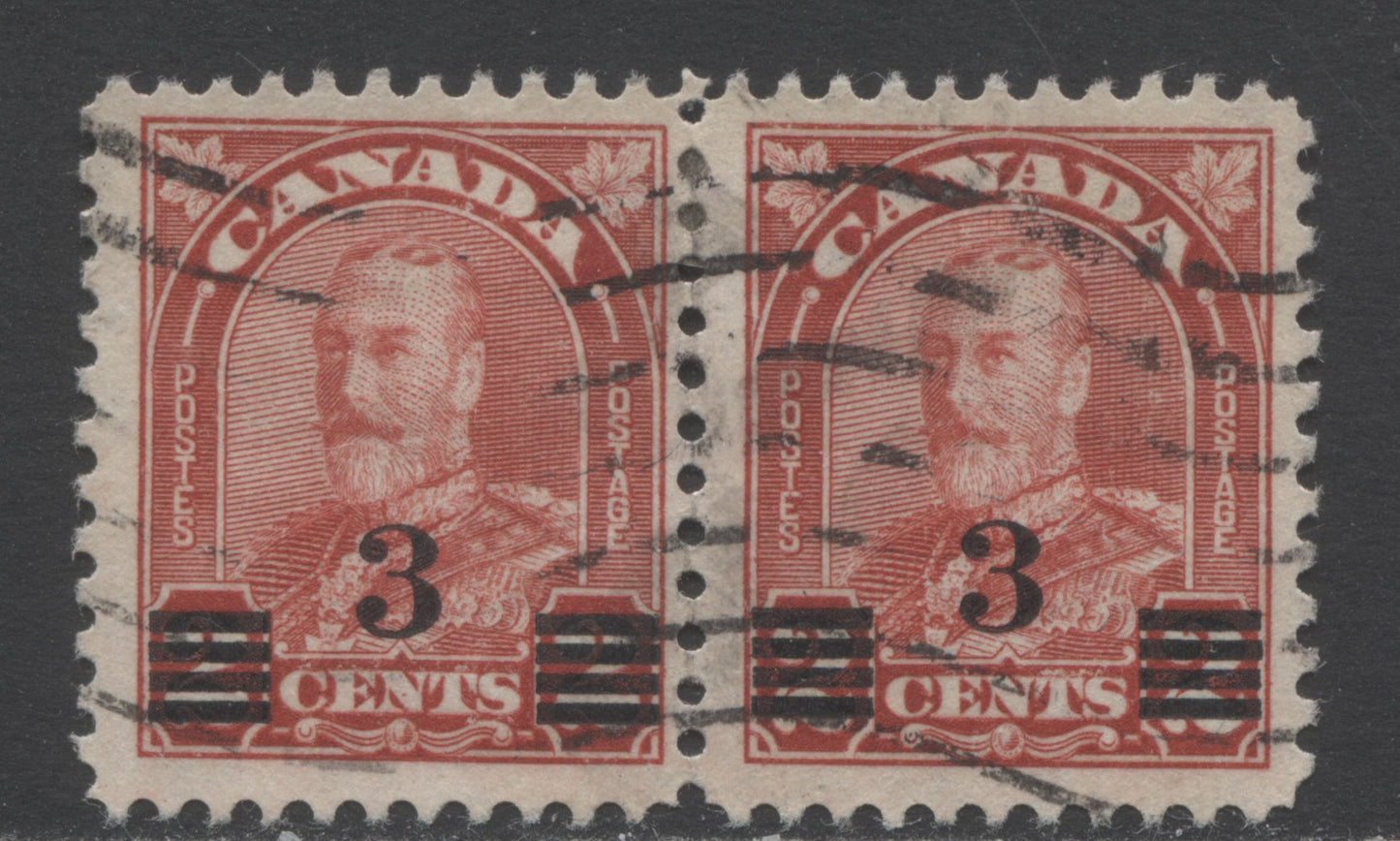 Lot 185 Canada #191var 3c On 2c Deep Red King George V, 1932 Arch/Leaf Provisional Issue, A Fine Used Pair Showing A Dot In N Of Cents, Plate 8 UL Pos. 96, Die 2