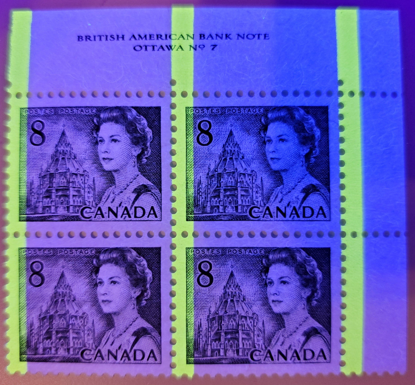 Lot 186 Canada #544piv 8c Slate Queen Elizabeth II, 1967-1973 Centennial Issue, An Unlisted VFNH UR T4 GT2 Tagged Plate 7 Block Of 4 On HF-fl Smooth Paper With PVA Gum, G2aL Tagging Error