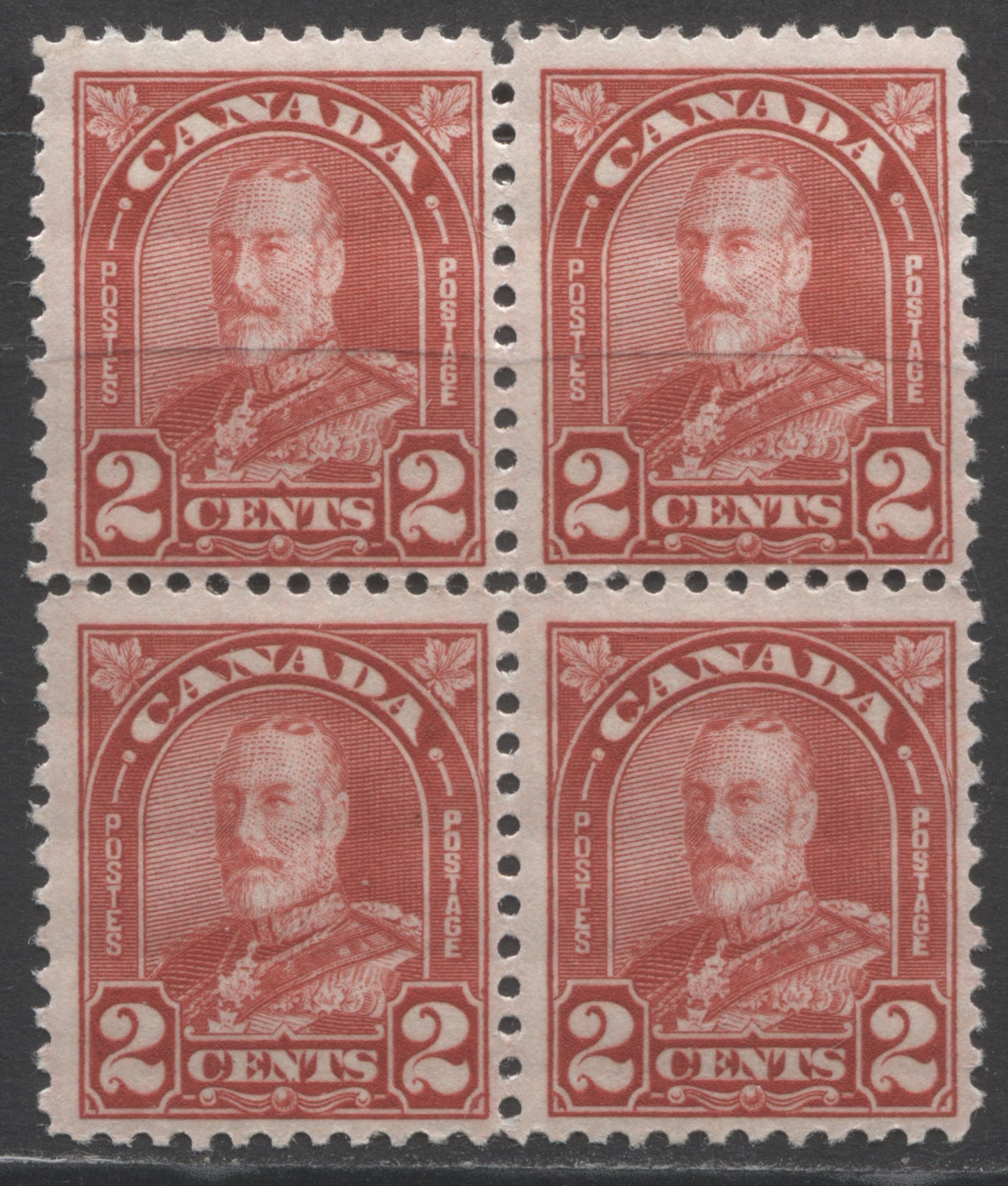 Lot 186 Canada #165avar 2c Deep Red King George V, 1930-1931 Arch/Leaf Issue, A FNH Center Block Of 4 Showing Marks In N Of Cents On UR & LL Stamps