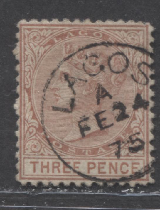 Lot 187 Lagos SG#3 (SC#3) 3d Milky Red Brown, Queen Victoria, 1874-1876 Perf. 12.5 Watermarked Crown CC Issue, 1st Printing, A Very Fine Used Example, February 24, 1875 Lagos CDS, 2022 Scott Classic Cat. $45 USD,  Click on Listing to See ALL Pictures