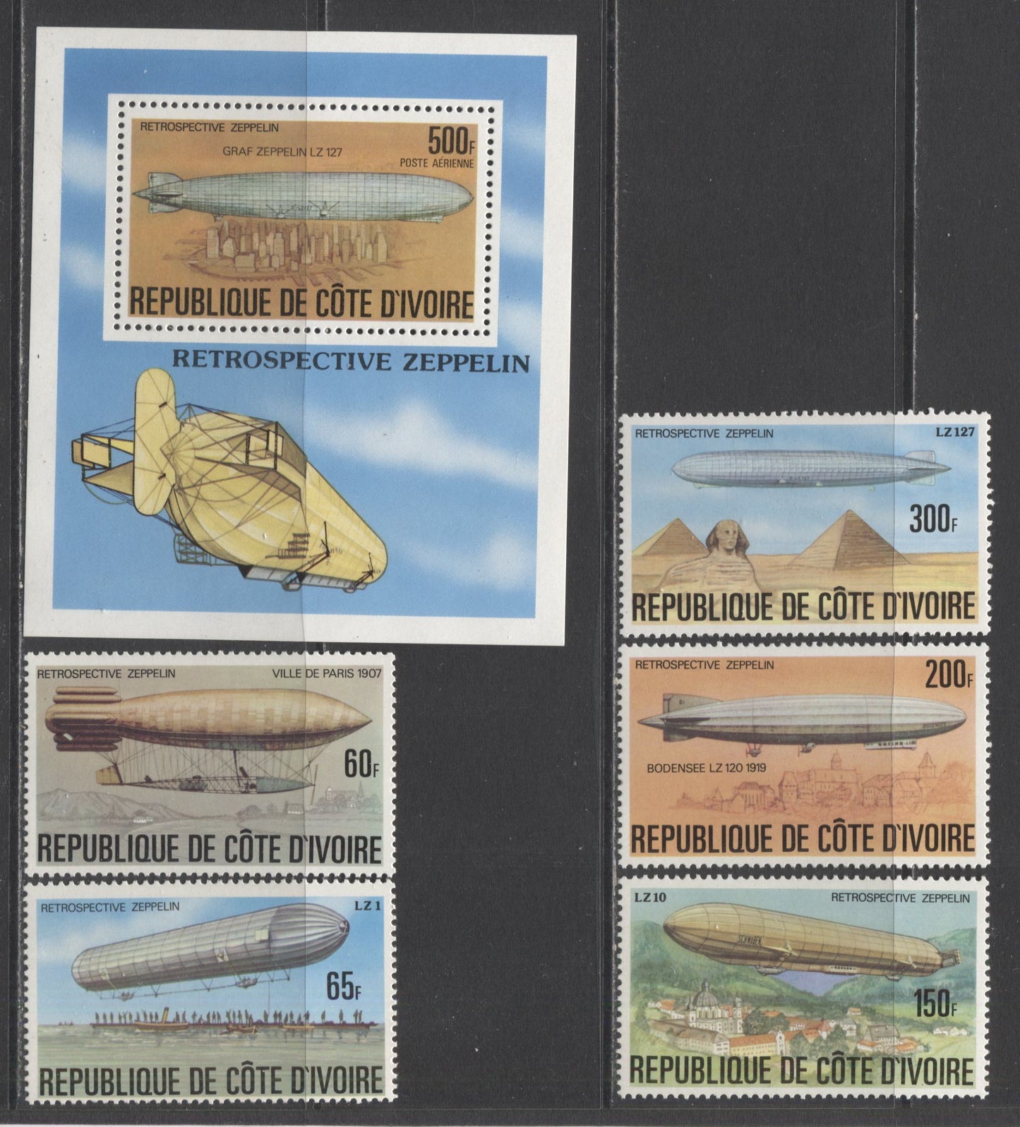 Lot 187 Ivory Coast SC#440/C63 1977 Zeppelin Issue, A VFNH Range Of Singles & Souvenir Sheet, 2017 Scott Cat. $17.25 USD, Click on Listing to See ALL Pictures