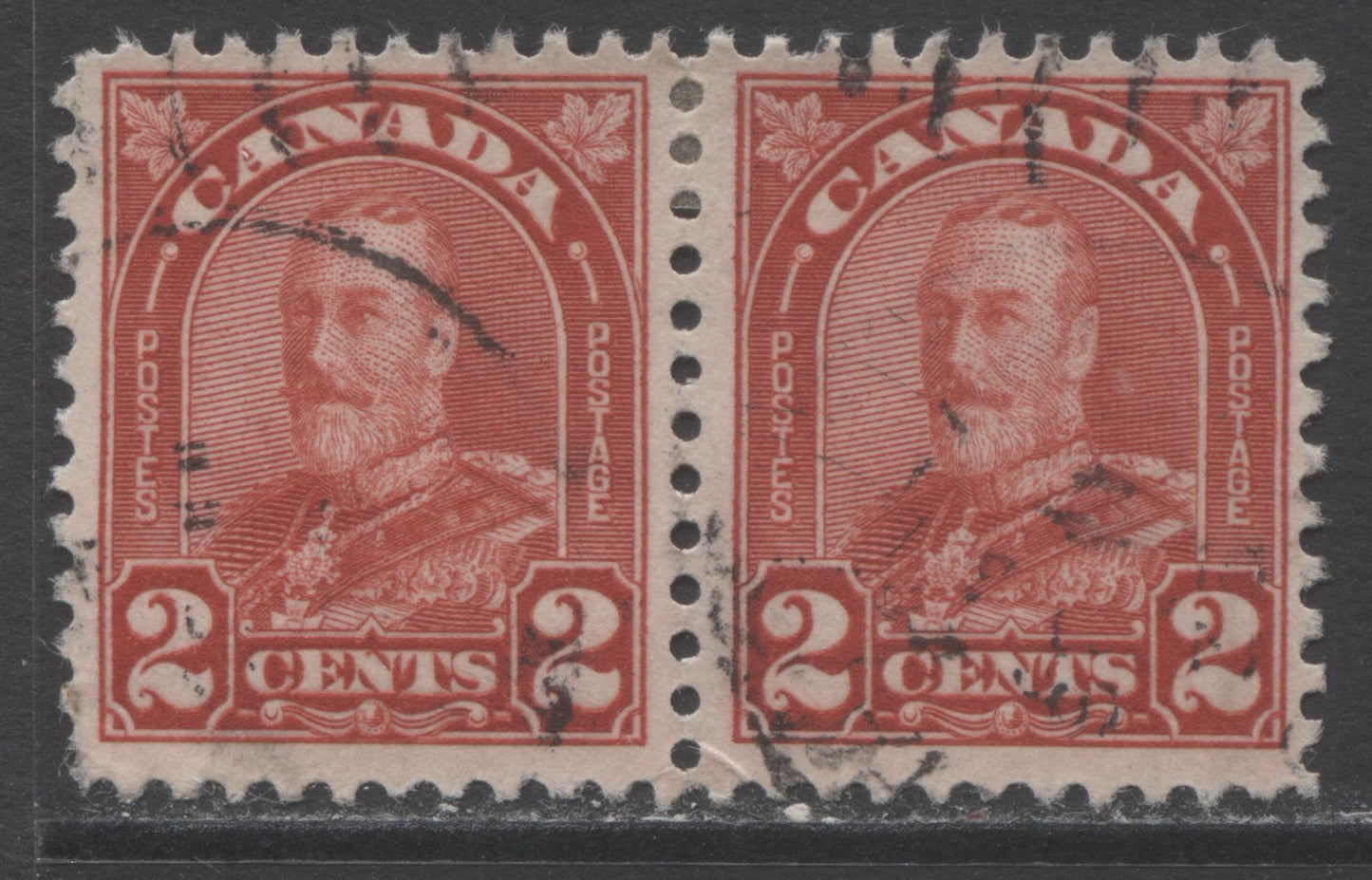 Lot 188 Canada #165var 2c Deep Red King George V, 1930-1931 Arch/Leaf Issue, A Fine Used Pair With A Flaw In "N" Of Cents, Pl 8 LL Pos 83