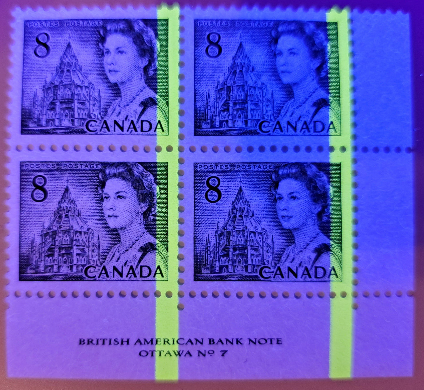 Lot 188 Canada #544piv 8c Slate Queen Elizabeth II, 1967-1973 Centennial Issue, A VFNH LR T2 GT2 Tagged Plate 7 Block Of 4 On HF-fl Smooth Paper With PVA Gum, G2aR Tagging Error