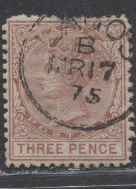 Lot 189 Lagos SG#3 (SC#3) 3d Red Brown & Chestnut, Queen Victoria, 1874-1876 Perf. 12.5 Watermarked Crown CC Issue, 2nd Printing, A VG Used Example, March 17, 1875 Lagos CDS, 2022 Scott Classic Cat. $45 USD,  Click on Listing to See ALL Pictures