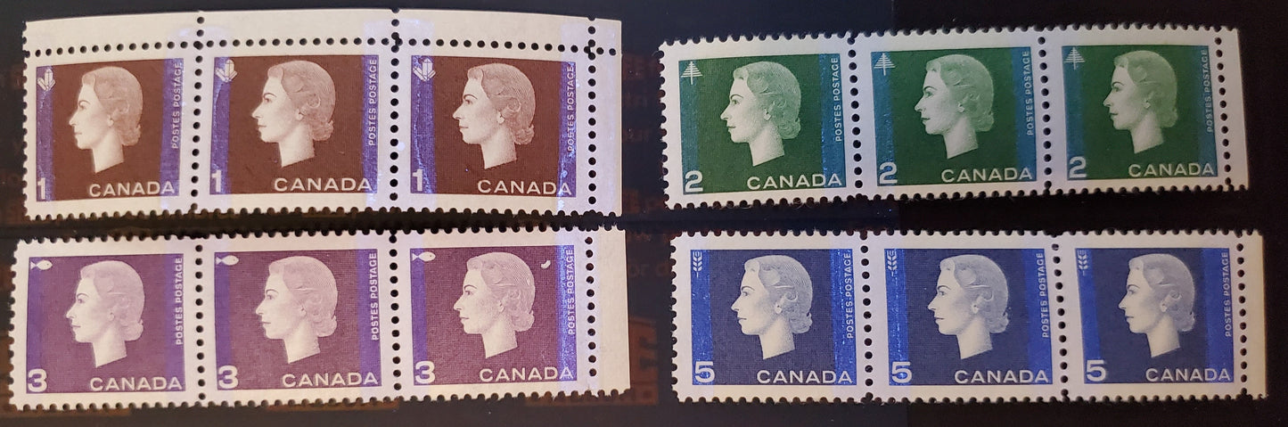 Lot 189 Canada #401iii, 402iii, 403v & 405i 1c-3c, 5c Brown/Violet Blue Crystals/Agriculture, 1962-1963 Cameo Issue, 4 VFNH Margin Strips Of 3 With Wide & Narrow Tagging On DF Papers With Smooth & Streaky Dex Gums