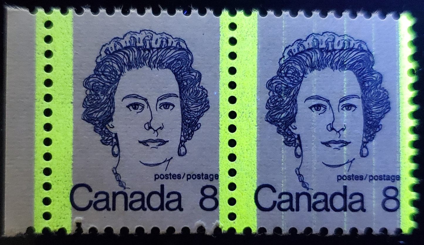 Lot 47 Canada #593ivT1 8c Royal Blue Queen Elizabeth II, 1972-1974 Caricature Issue, A VFNH Pair On LF/LF Horizontal Ribbed Paper, Normally Tagged Pair With 4 Vertical Tag